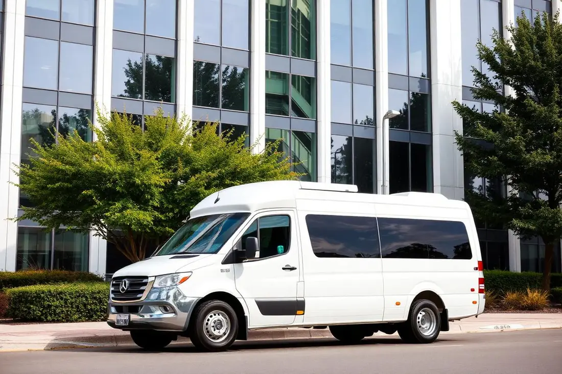 Micro-ônibus fretado com passageiros embarcando em ambiente corporativo
